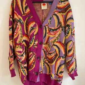 Anthropologie Farm Rio Banana Print Colorblock Cardigan Sweater Size S